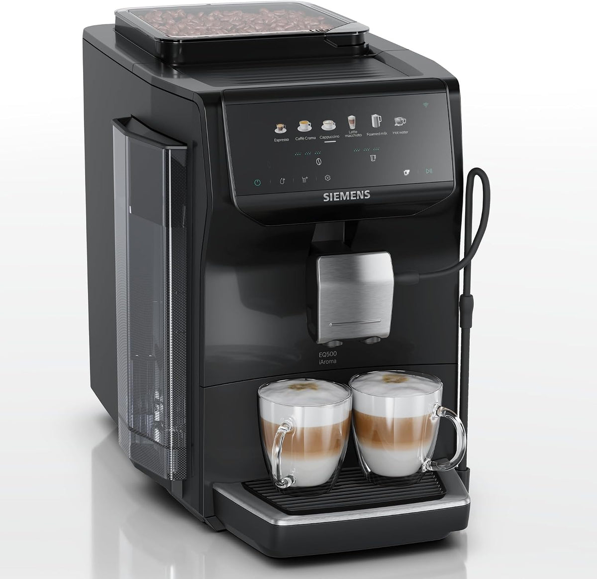 Siemens Kaffeevollautomat, Schwarz, EQ500 iAroma, 6 Getränke, Doppeltassenfunktion, einfache Reinigung, mit Milchschlauch