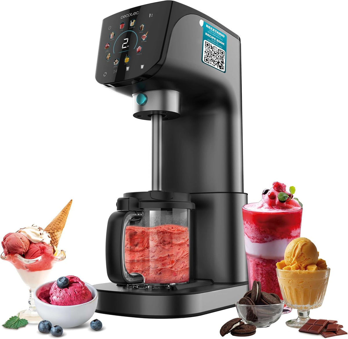 Cecotec Eismaschine, 500 W, 2,1 l, Schwarz, Gelatec 2100 Multifunktions-, 11 Programme für Eis und Granitgetränke