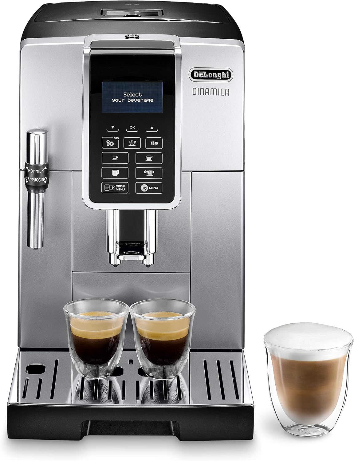De'Longhi Kaffeevollautomat, Silber, Dinamica ECAM 350.35.SB mit Profi-Milchaufschäumdüse für, Espresso, Kaffee und Long Coffee Direktwahltasten
