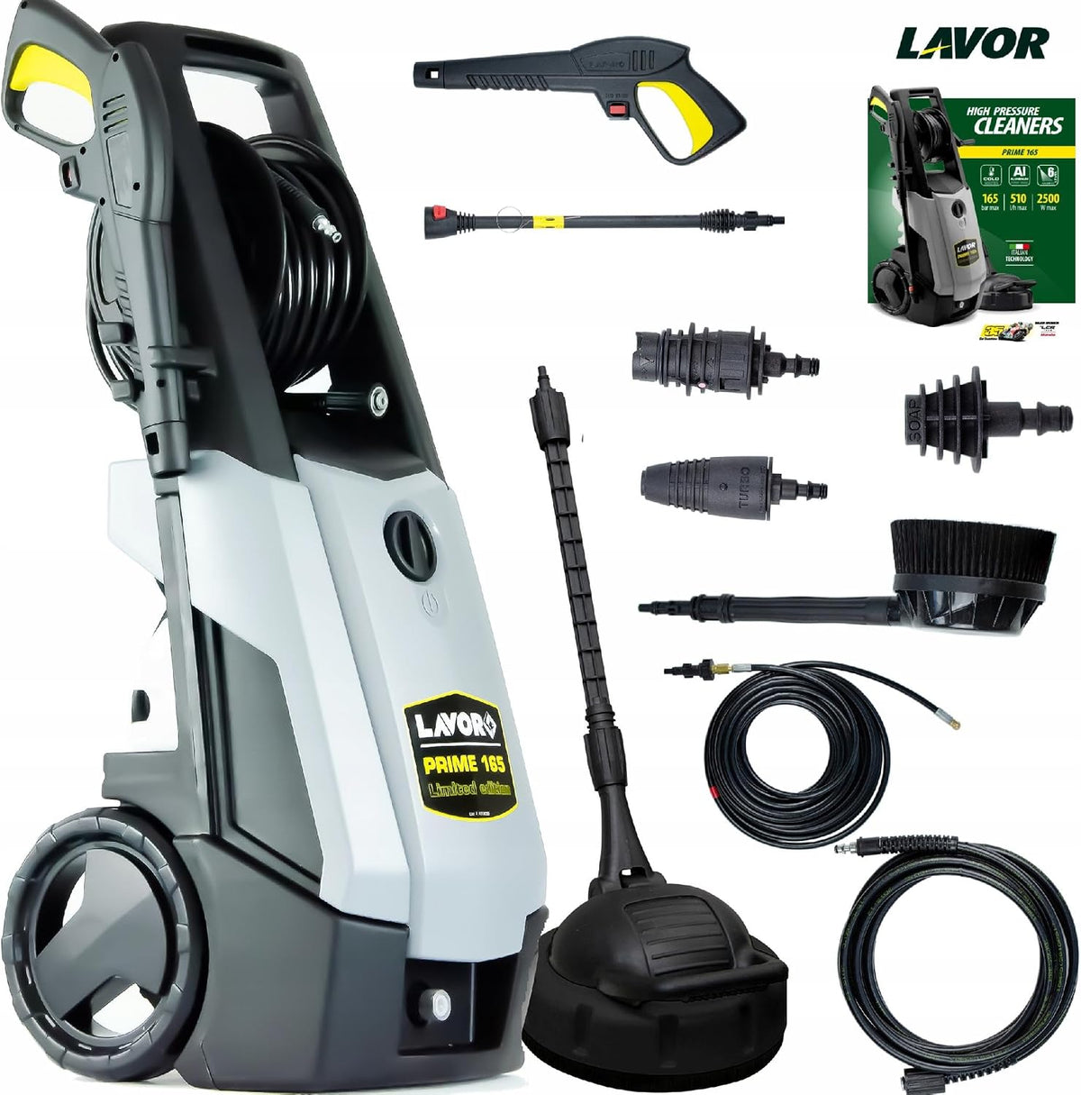 LAVOR Hochdruckreiniger, 165 Bar, 2500 W, 510 l, 6m, Schwarz, Prime 165 mit Aluminiumpumpe (, Mega-Set inkl. Flächenreiniger