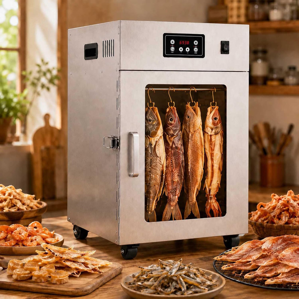 aallwwsso Reifeschrank, 7,5 Kg, 800 W, Silber, Profi-Dörrschrank Mit 14 Haken Und Digitaler Steuerung, Edelstahl- Mit 30