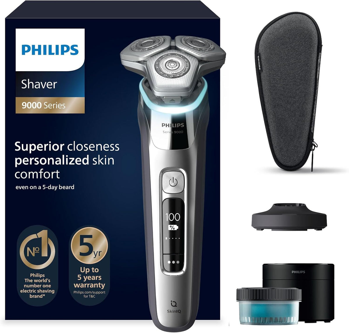 PHILIPS Elektrorasierer, Schwarz, S9000, elektrischer Nass- und Trockenrasierer für Herren, Lift & Cut-System und SkinIQ Technologie