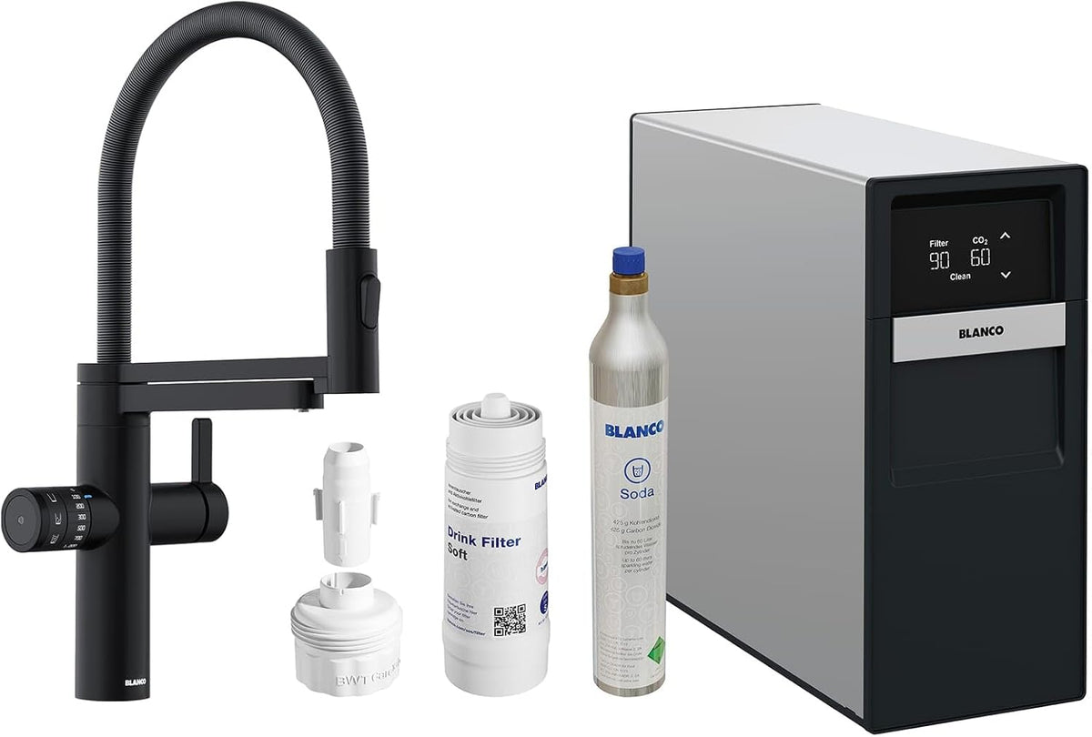 BLANCO Wassersprudler, Schwarz, drink.soda EVOL-S Pro matt, Multifunktionales, Gekühltes Wasser in still, medium & sprudel