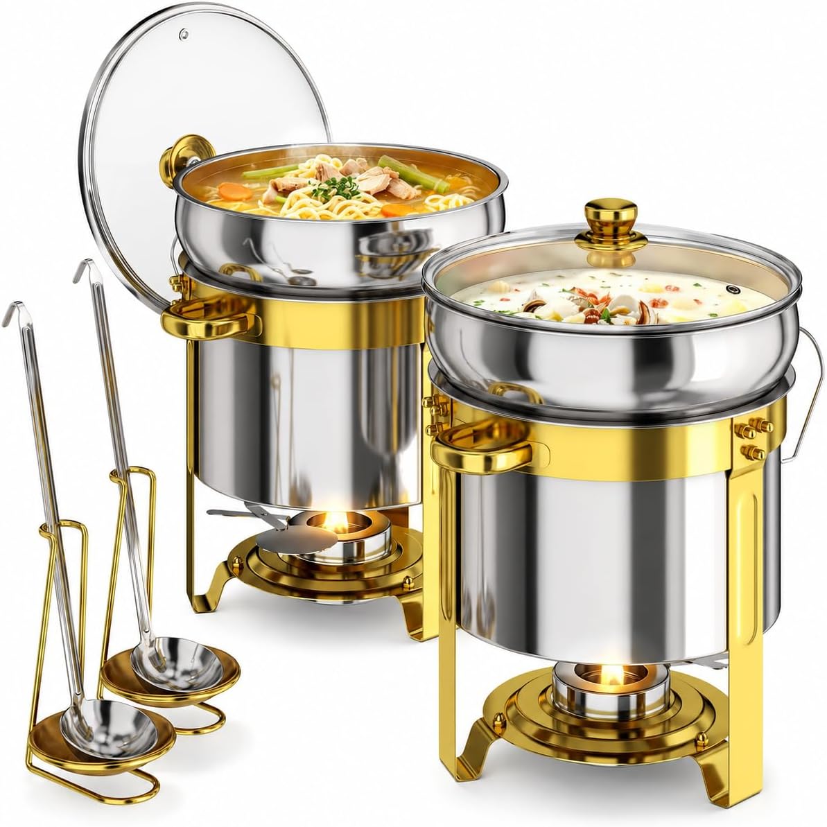 EffiQ-Rate Speisenwärmer, 11 L, Transparent, 2 Stück Suppenwärmer Set Chafing Dish Rund mit Glasdeckel