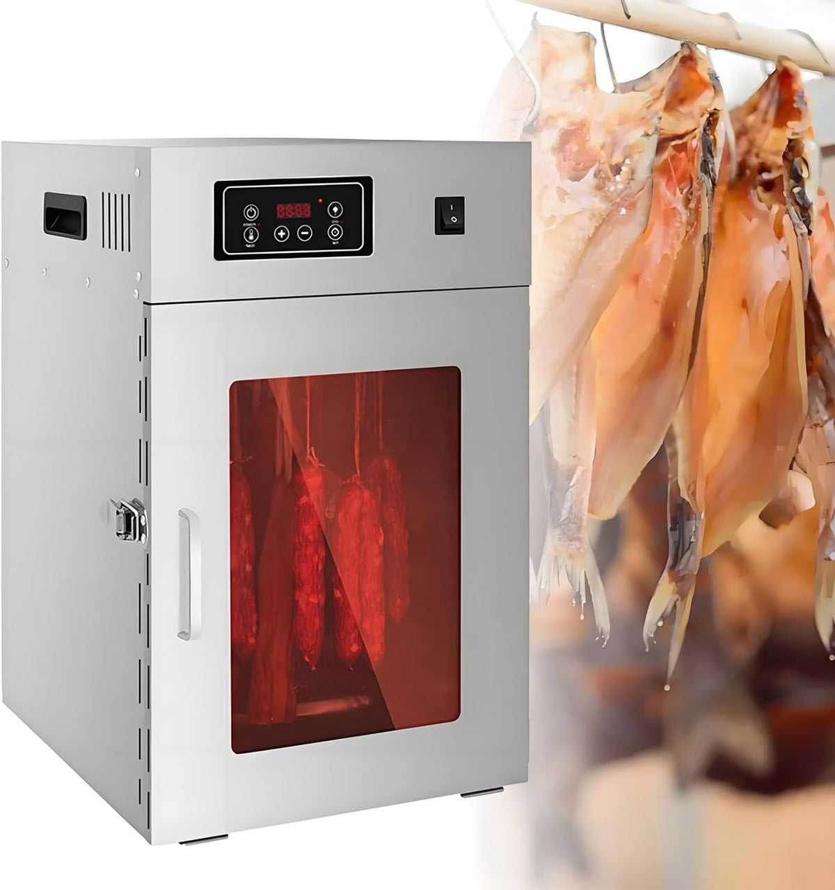 COAKUE Dörrautomaten, 5 kg, Silber, Fleischtrockner mit 360°-Drehung, Trockenschrank für Biltong aus Edelstahl, mit Einstellbarer Temperatur von 30