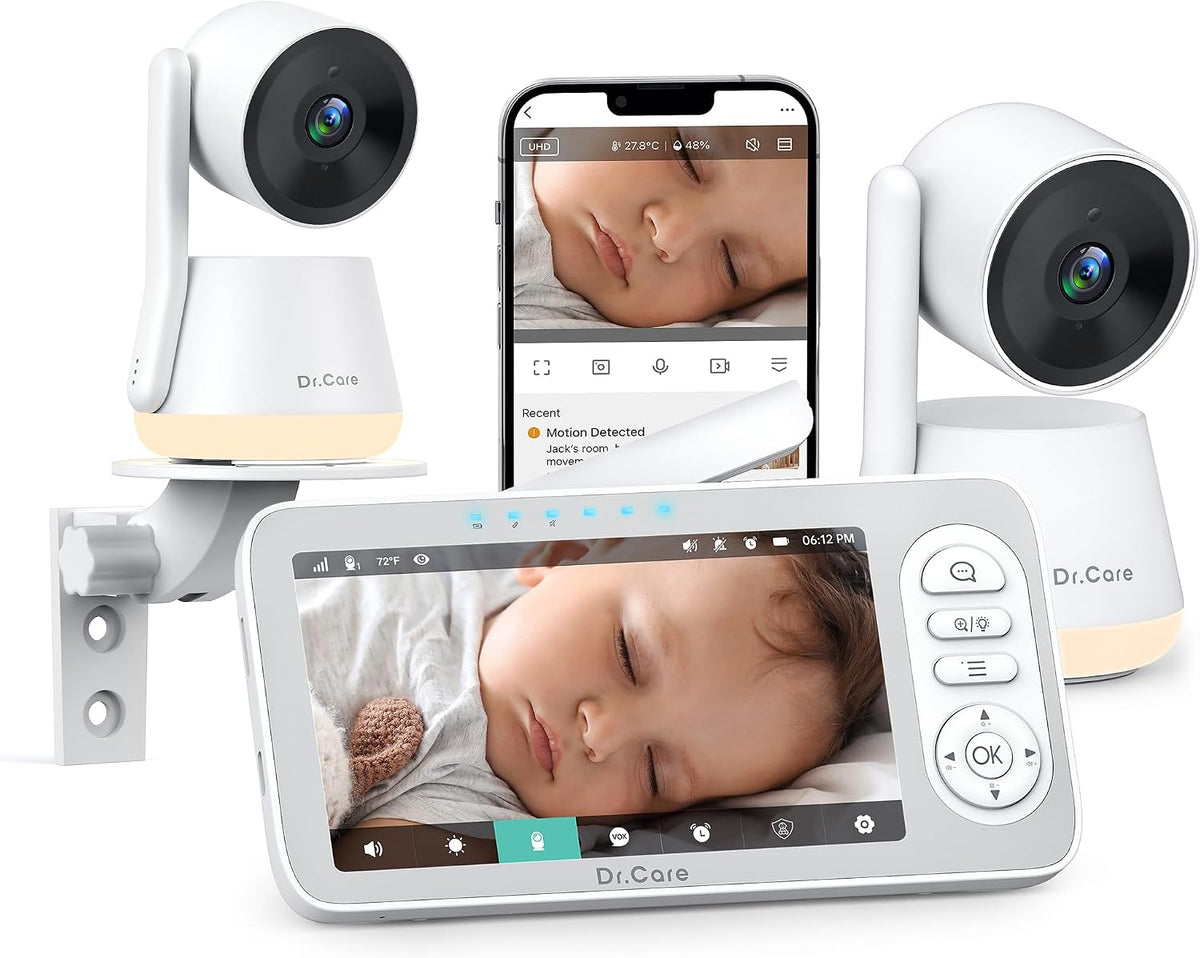 Dr.Care Kamera, 5,5 Zoll, 390m, Schwarz, 2K WLAN Babyphone mit 2 Kameras, App & Privatmodus, 5000mAh Akku, Bewegungs & Geräuschalarm