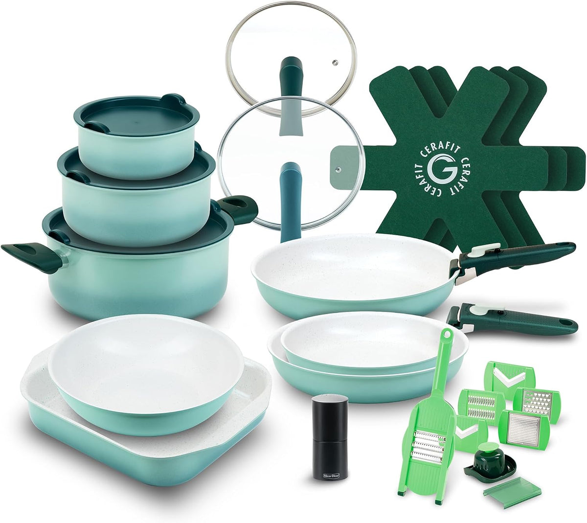 Genius Backofen, Schwarz/Silber, Cerafit Revolution Vario Pfannenset Kochgeschirr Set 27-tlg., Keramikbeschichtung