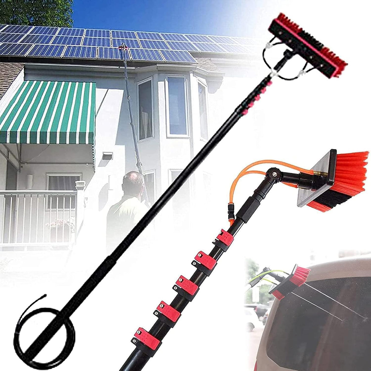 Stangenset Teleskopstäbe, 11 m, Schwarz, mit Wasserzufuhr, Ausziehbares 5, Fensterreinigungs- und Solarpanel-Reinigungsgerät