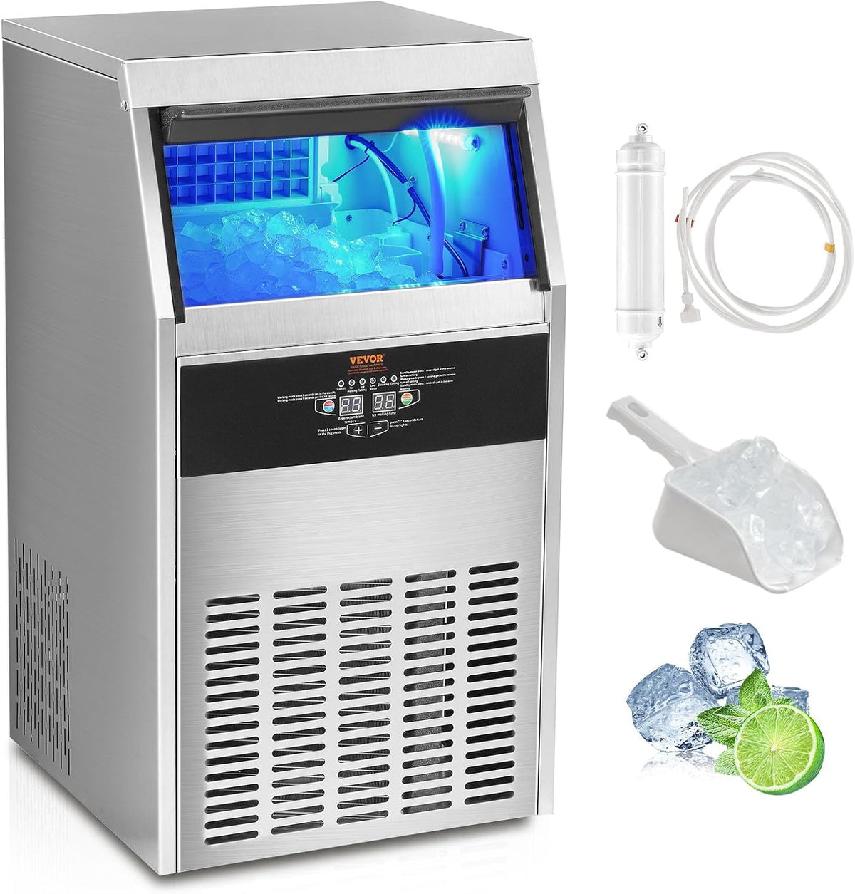 VEVOR Eiswürfelmaschine, 47 kg, 15 kg, Silber, Kommerzieller Eiswürfelbereiter Eismaschine / 24 h
