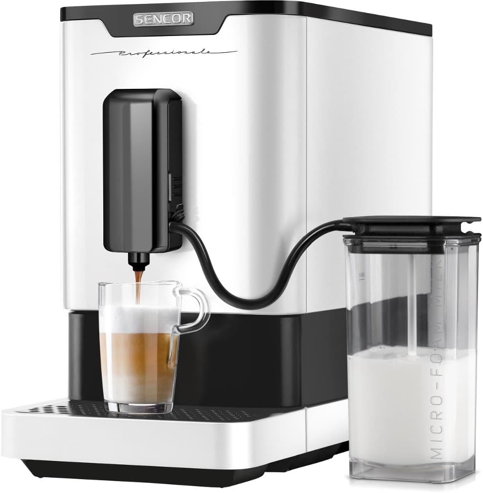 SENCOR Milchaufschäumer, Weiss, Automatische Espresso-Maschine, 19 Bars Kompakt, Kaffeemühle mit Bohnen, Espressomaschine