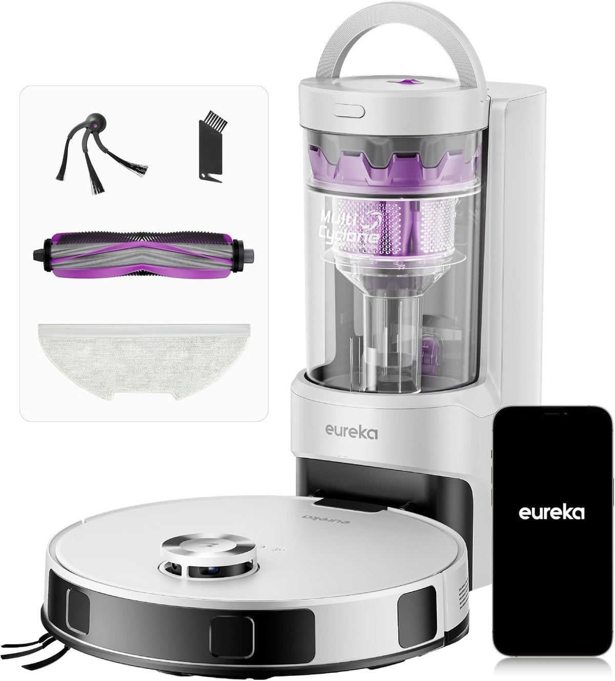 EUREKA Saugroboter, Schwarz, E20 Evo Plus mit Wischfunktion Absaugstation beutelloser, 10000 Pa, Saug Wischroboter mit Selbstentleerung
