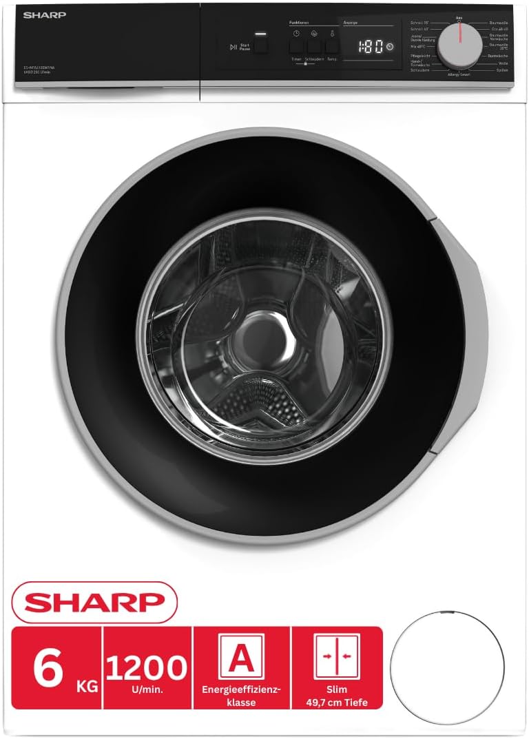 SHARP Waschmaschine, 6 kg, Weiss, ES-NFA612BW1NA-DE Slim- (, EEK A, 1200 U/min.), (Inverter Motor, Dampf, AquaStop)