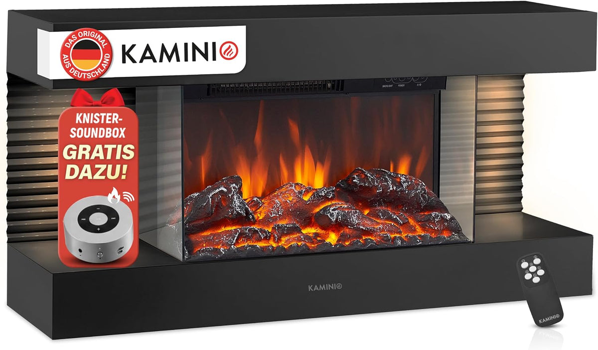 KAMINIO Elektrokamin, Schwarz, Liz - Elektrischer Wandkamin mit Heizung, 3D-Flammeneffekt, LED-Ambientelicht, Fernbedienung