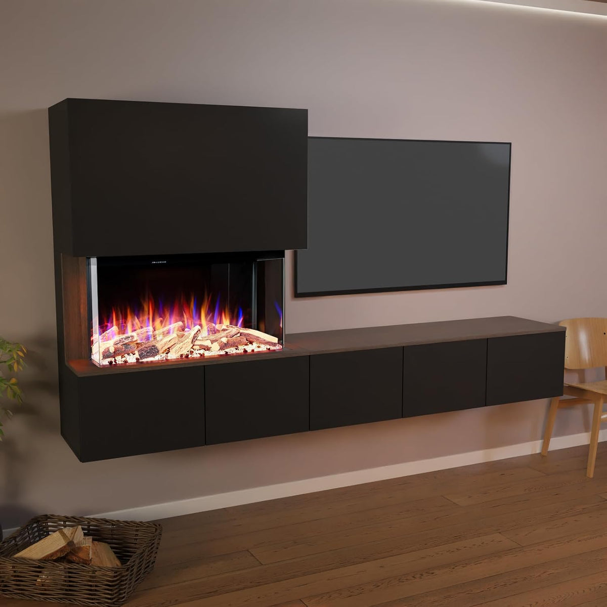 GLOW FIRE Elektrokamin, 250x139.5x42.4 cm, 1500 W, Schwarz, Kamin Fernsehwand CW5 rechtsoffen mit realistischem 3D