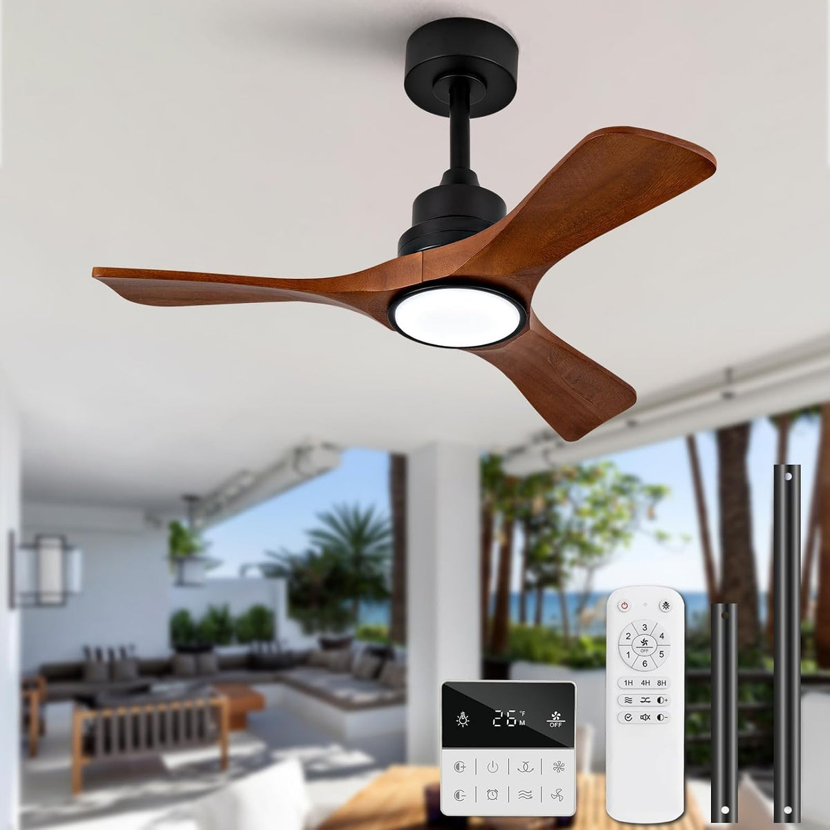 VCQQ Deckenventilator, Schwarz, Deckenventilatoren mit Beleuchtung und Fernbedienung, 3 Flügel Holz mit Licht