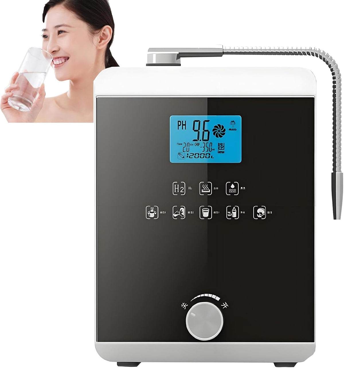 Memykoy Filterkannen, 8000 l, Schwarz, Wasserionisator und Wasserreiniger mit 3, 8'-LCD-Smart-Display, pH-Wert-Regulierung (alkalisch-sauer) von 3-11